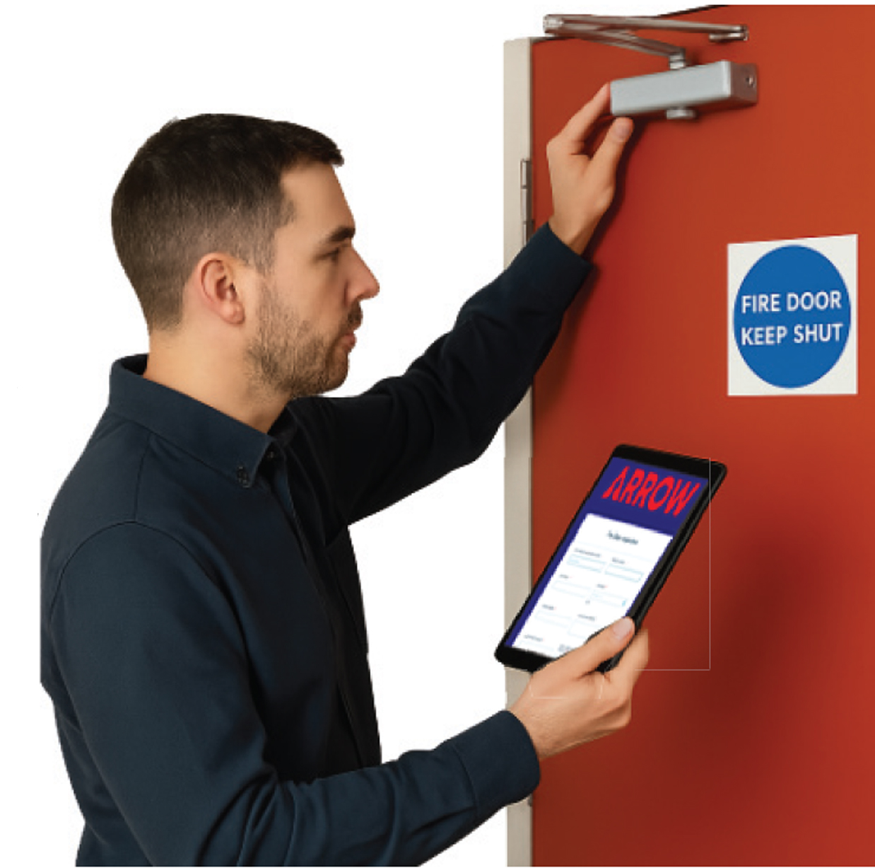 Arrow Industrial Engineer Inspecting an Installed Fire Door as Part of a Maintenance Package