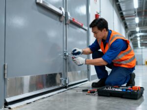 Professional fire door engineer inspecting and repairing a commercial fire door with tools and equipment