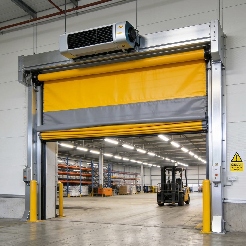 high speed rapid roll door installed in UK warehouse with forklift approaching
